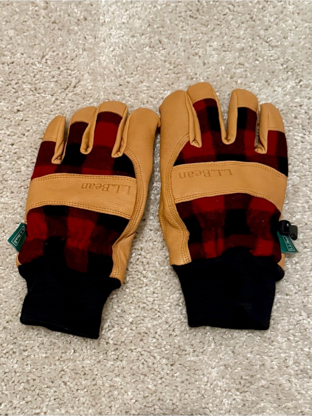 L.L. Bean Red Plaid and Tan Deerskin Leather-Trim Men's Gloves